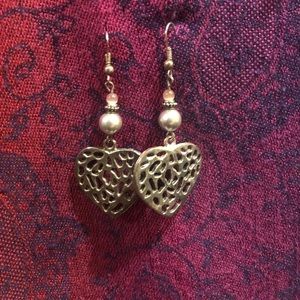 Silver Heart Tree Bark Faux Pearl and Pink Stone Earrings
